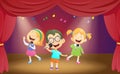 Happy cartoon boys and girls singing on the stage