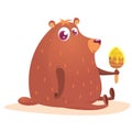 Happy cartoon brown bear with honey wooden stick. Vector illustration isolated.