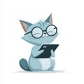 Happy Cartoon Cat with Glasses Enjoying a Tablet Royalty Free Stock Photo