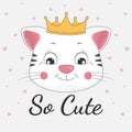 Happy cartoon cat princessa and inscription so cute. Royalty Free Stock Photo