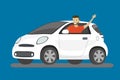 Happy cartoon caucasian man rides in white car,