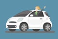 Happy cartoon caucasian woman rides in white car