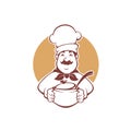 Happy cartoon chef holding a soup pot, vector illustration for y