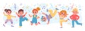 Happy cartoon children group dancing and jumping together. Fun active kid friends play. Kindergarten characters at dance