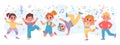 Happy cartoon children group dancing and jumping together. Fun active kid friends play. Kindergarten characters at dance party Royalty Free Stock Photo