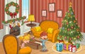 Cartoon children looking at christmas tree with gifts.