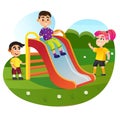 Happy Cartoon Children Play at Playground Slide