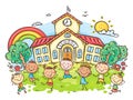 Happy cartoon children playing in front of school building, back to school clipart Royalty Free Stock Photo