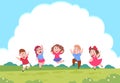 Happy cartoon children. Preschool playing kids on summer nature background with clouds. Vector group of active children Royalty Free Stock Photo