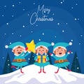 Happy cartoon christmas elfs with star and gift box