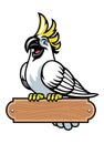 Happy cartoon cockatoo bird stand on the blank wood sign Royalty Free Stock Photo