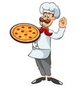 Happy cartoon comic style Italian chef with mustache and pizza Royalty Free Stock Photo