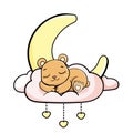 Happy cartoon cute baby teddy bear sleeping on a cloud under moon and heart vector sticker illustration isolated card Royalty Free Stock Photo