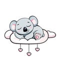 Happy cartoon cute baby teddy koala sleeping on a cloud under heart vector sticker illustration isolated card Royalty Free Stock Photo