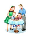 Happy cartoon family celebrating children`s Birthday. Watercolor illustration.