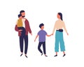 Happy cartoon family holding hands, hugging, walking together isolated on white background. Mother, father and two son Royalty Free Stock Photo