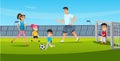 Happy Cartoon Family Play Football Game at Stadium