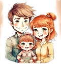 Happy cartoon family portrait. Father, mother and daughter