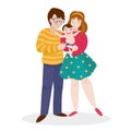 Happy cartoon family portrait. Father, mother, son together. Young family with cheerful smile