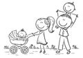 Happy cartoon family with two children walking outdoors, outline