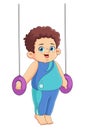 Happy cartoon fat boy hanging on gymnastic rings