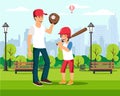 Happy cartoon father plays baseball with son