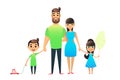 Happy cartoon flat family portrait. Mother, father, son, daughter together. Mom and dad embrace, the brother is carrying