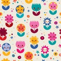 Happy cartoon flowers nature seamless pattern