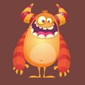 Happy cartoon furry monster. Orange vector troll character. Design for icon, emblem, sticker or children book illustration. Royalty Free Stock Photo