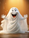 Happy cartoon ghost bride dancing on yellow background isolated, AI