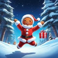 Happy cartoon gingerbread man wearing santa claus costume in jumping pose