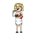Happy cartoon girl eating a coconut ice cream. Vector isolated hand drawn character