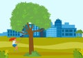 Happy cartoon girl rides rope swing on tree branch, playing in playground on backyard in cityscape Royalty Free Stock Photo
