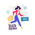 Happy cartoon girl running with shopping bag during sale. Joyful colored buyer woman carrying paper package isolated on white. Royalty Free Stock Photo