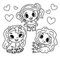 Happy cartoon girls with big eyes, doodle collection. Vector illustration with three girls on roller skates.