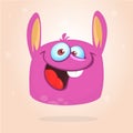 Happy cartoon hairy monster. Vector Halloween pink furry monster.