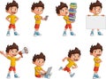 Happy cartoon kid in different activities.