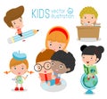 Happy cartoon kids in classroom, education concept, back to school