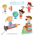 Happy cartoon kids in classroom, education concept, back to school template with kids, Kids go to school Royalty Free Stock Photo