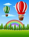 Happy cartoon kids flying in a hot air balloon