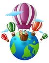 Happy cartoon kids inside a hot air balloon flying over the earth Royalty Free Stock Photo