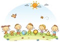 Happy cartoon kids outdoors on a green meadow