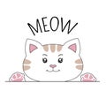 Happy cartoon kitty and inscription meow. Vector illustration Royalty Free Stock Photo