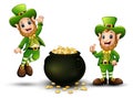 Happy cartoon leprechauns with pot of gold coins