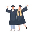 Happy cartoon male graduated students having positive emotion vector flat illustration. Joyful guys in dress, gown or