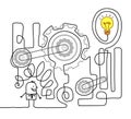 Happy Cartoon Man with big working Machine and Light bulb Royalty Free Stock Photo