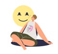 Happy cartoon man smiling with closed eyes sitting relaxed and pleasured