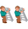 Happy cartoon man standing in green shirt and brown pants holding ladder