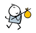 Happy cartoon man is walking along the road, carrying luggage in a bundle on a stick. Vector illustration of carefree traveler on