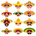Happy cartoon Mexican men set white isolated vector illustration Royalty Free Stock Photo